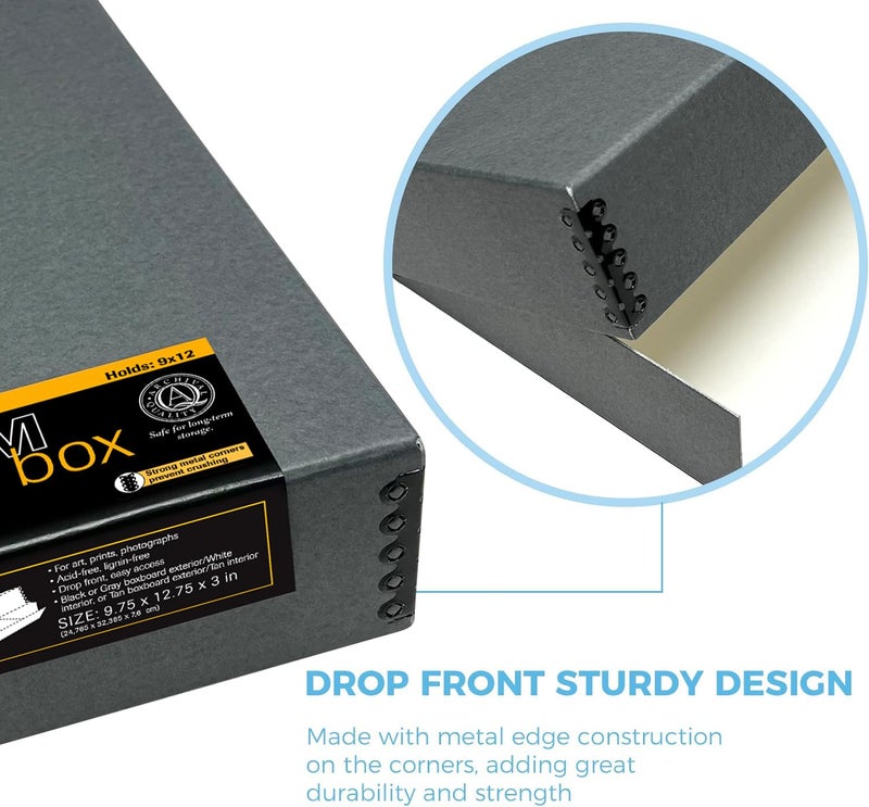 Lineco Museum Archival Storage Box, 9.75x12.75x3 in. Drop Front Design. Acid-Free with Metal Edge. Organize Photos, Pictures, Prints, Documents, Crafts, DIY. Gray, 1 Pack - Image 5